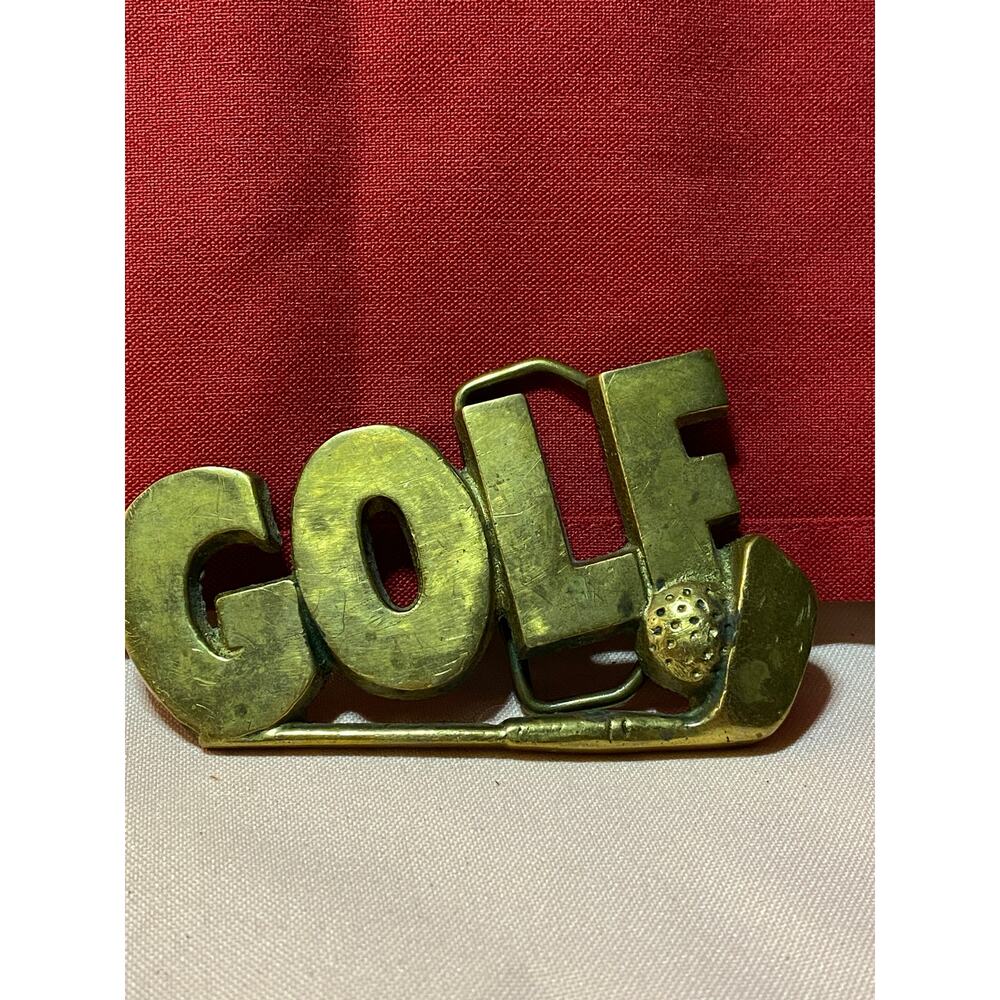 VTG Golf Belt Buckle Solid Brass Taiwan ROG 4222. Word Golf over club and ball